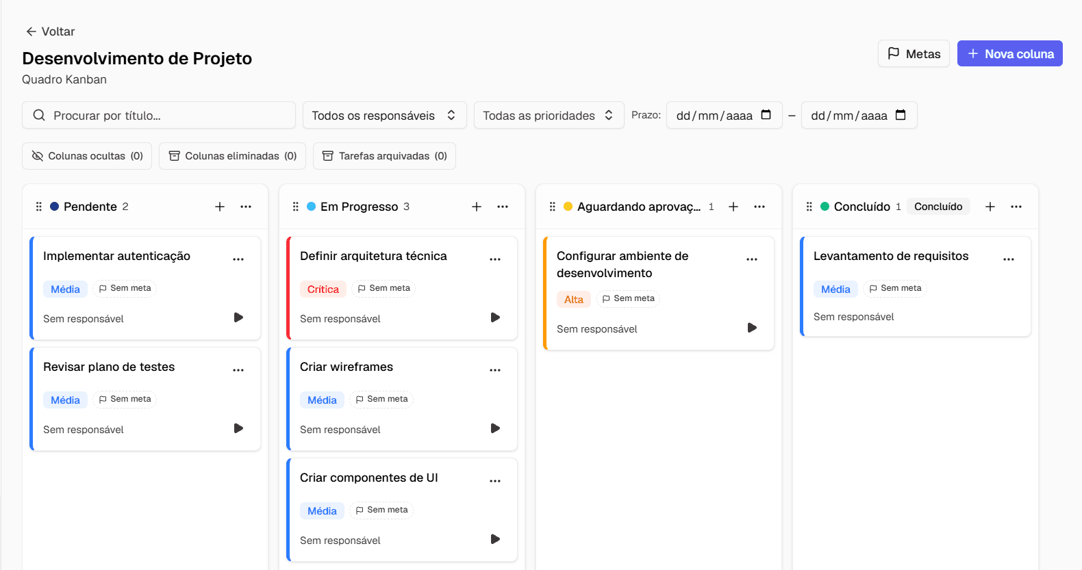 Quadro Kanban do Taskflow com colunas Pendente, Em Progresso, Aguardando aprovação e Concluído